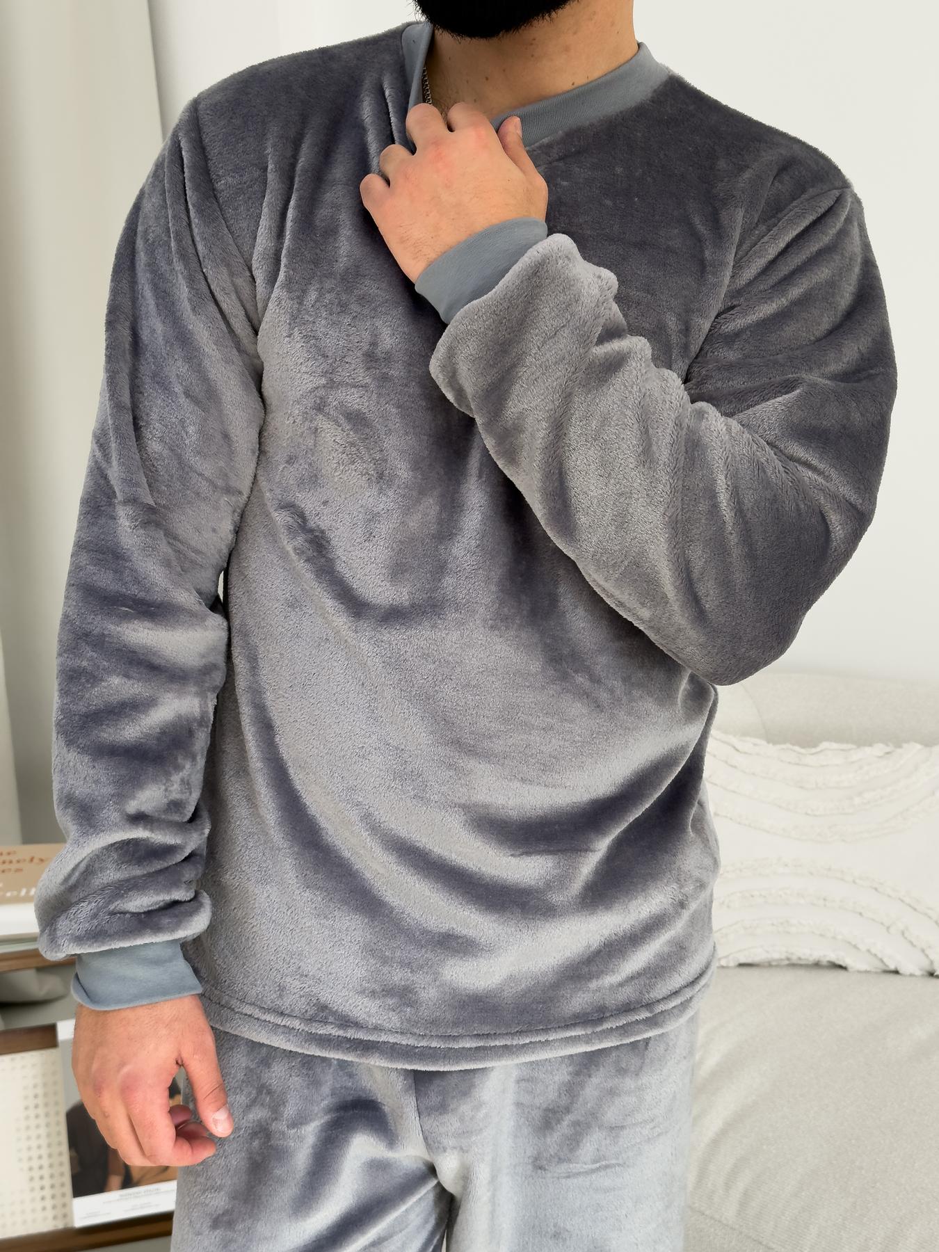 Чоловіча тепла піжама з велсофту сірого кольору з манжетами