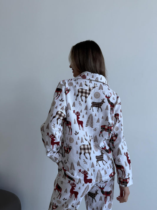 Жіноча тепла піжама з фланелі на гумці, комплект сорочка і штани молочний з оленями, Норді