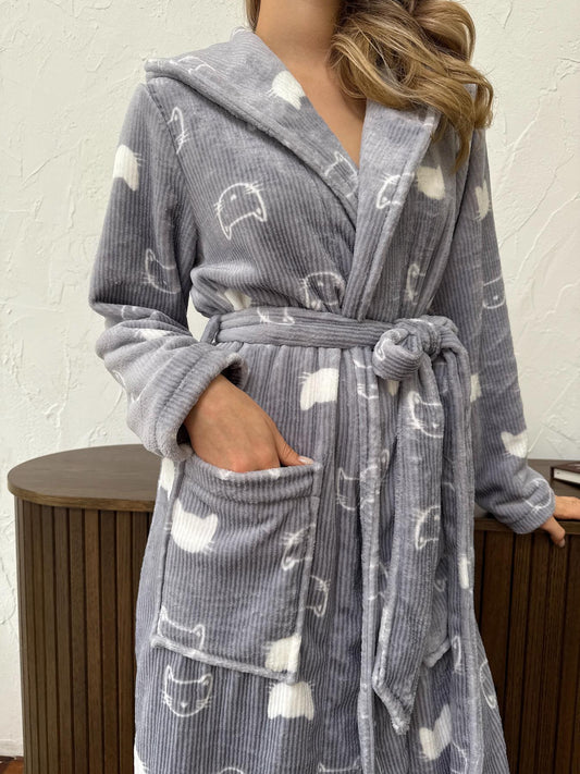 Жіночий теплий халат "Котики" з подвійним капюшоном, велсофт, сірий колір