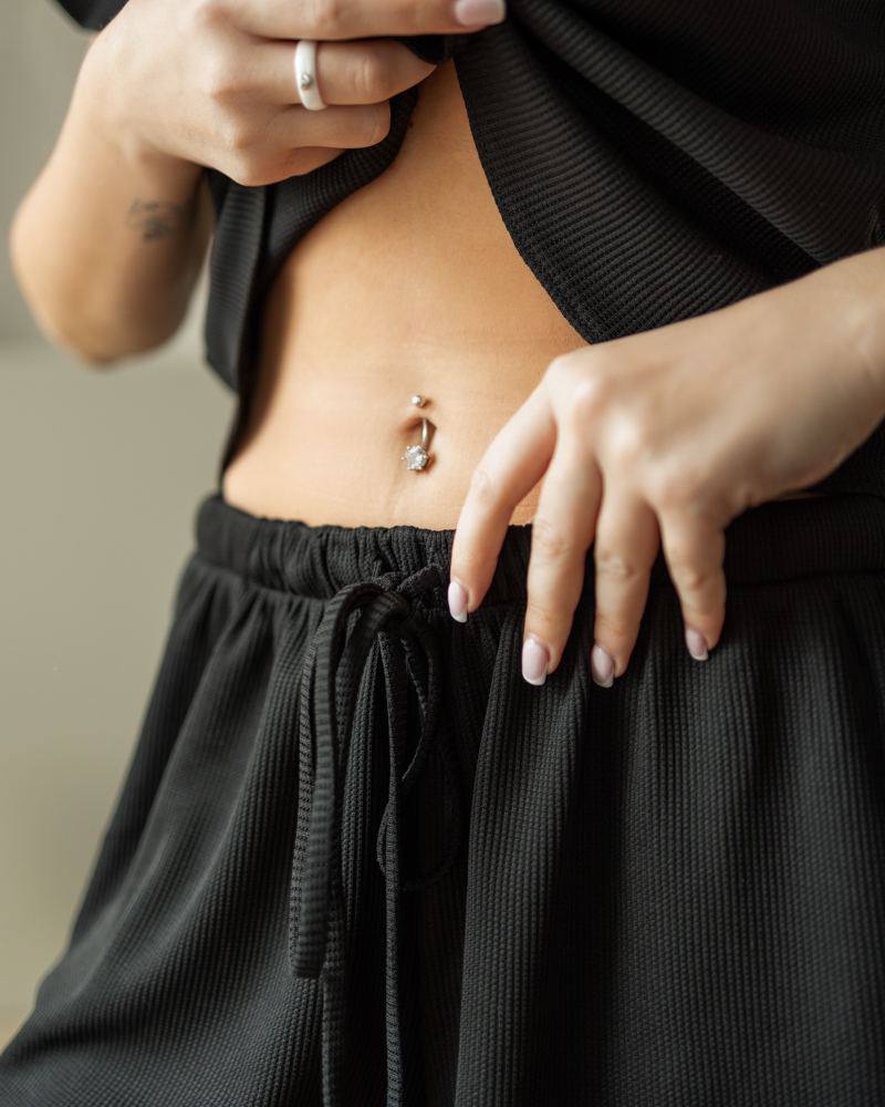 Піжамний костюм-трійка в рубчик "Britney" Жіноча піжама (кофта+топ+шорти) Чорний