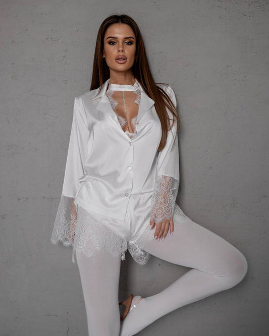 Піжамний костюм-трійка "Angelica", піжама жіноча з шовку та мережива - Білий
