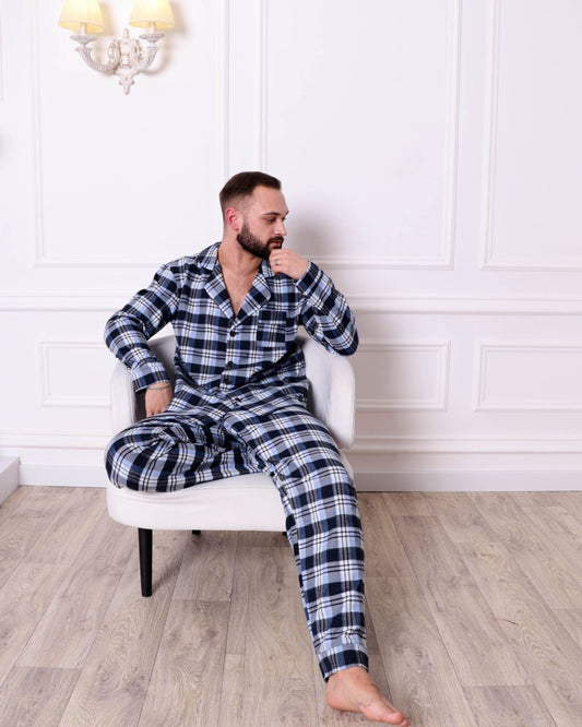 Тепла чоловіча піжама в клітинку, байка фланель, колір синій, сорочка і штани. Для новорічних фотосесій