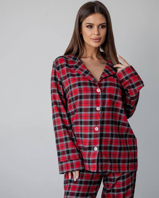 Тепла Жіноча байкова піжама в клітинку, колір червоний з чорним. Комплект сорочка довгий рукав і штани