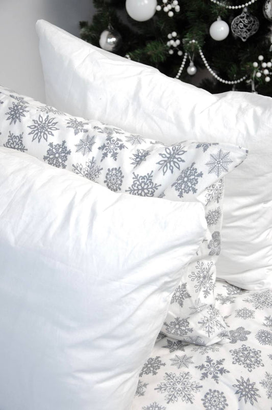 Набір постільної білизни ФЛАНЕЛЬ преміум (Сніжинки на білому), різдвяна тепла постіль на зиму 100% бавовна (щільність 160 г)