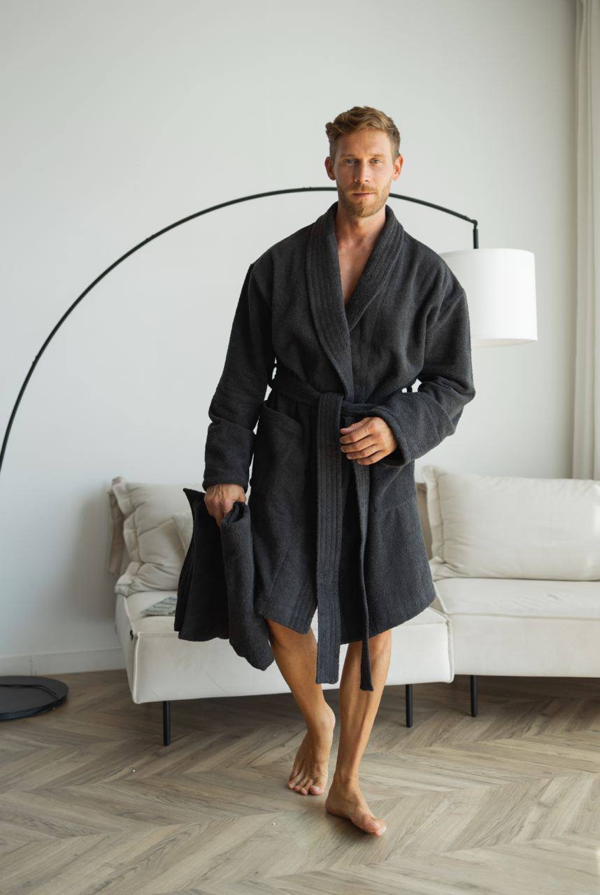 Чоловічий халат (натуральна махра) + рушник Темний графіт