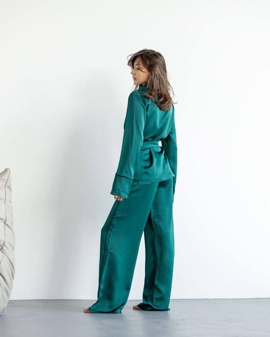 Костюм в піжамному стилі, жіноча піжама колір Смарагдовий з тканини Королівський Шовк