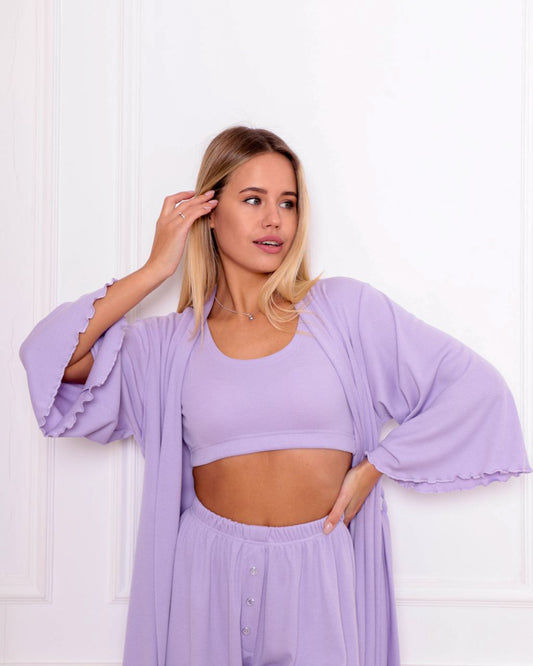 Жіноча піжама рубчик. Комплект 3 в 1 Халат Шорти, Топ. колір Ліловий. QC