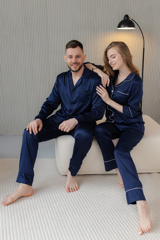 Парні піжами з Армані шовку колір синій - комплект жіночої та чоловічої піжами