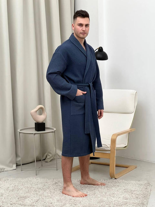 Чоловічий вафельний халат Сапфір шаль з бавовни, темно-синій