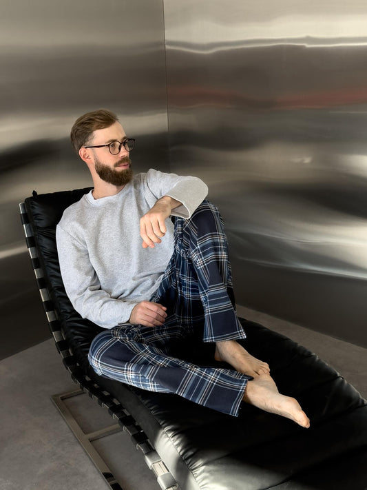 Жіноча тепла піжама з футеру з начосом, комплект лонгслів і штани синя клітинка, Скандинавія NEW