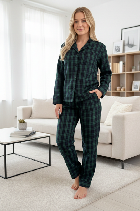 Жіночий піжамний комплект Бруклін зі сорочкою та штанами на ґудзиках, синьо-зелена клітинка