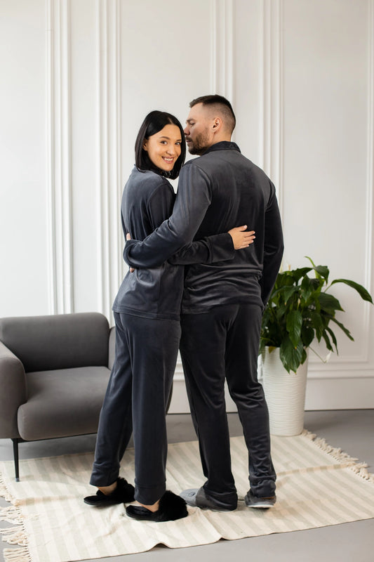 Парні піжами на ґудзиках з велюру колір графіт