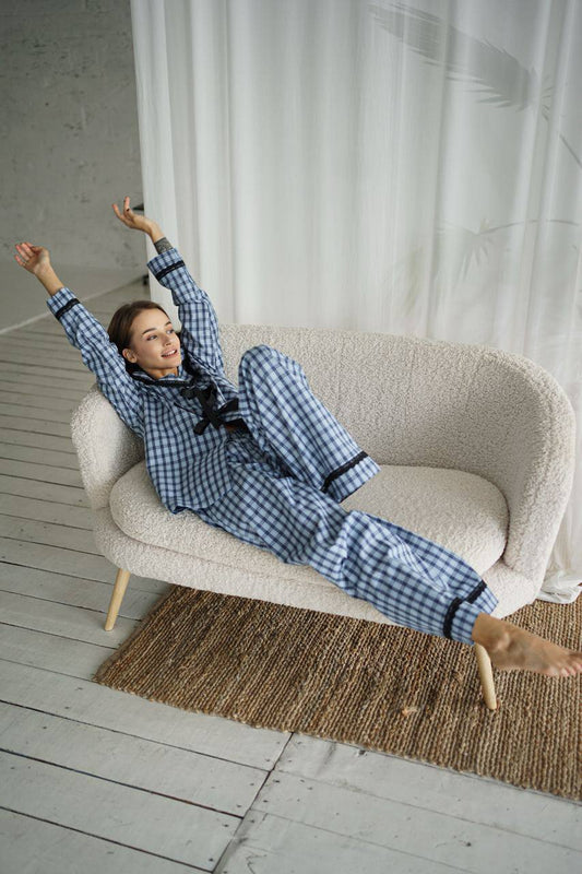 Байкова жіноча піжама з мереживом, блакитний