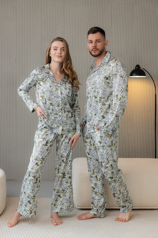 Парні піжами. Комплект жіноча і чловіча піжами на ґудзиках сорочка+штани. З принтом долари