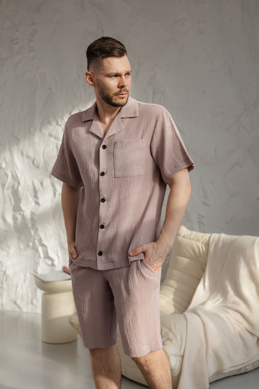 Чоловіча піжама з мусліну, комплект сорочка і шорти, літній домашній костюм.