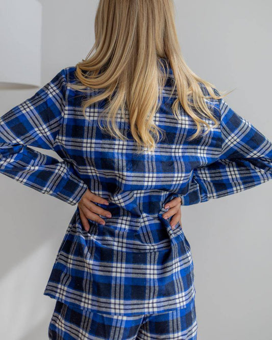 Тепла Жіноча піжама в клітинку з байки, колір синій. Комплект сорочка довгий рукав і штани