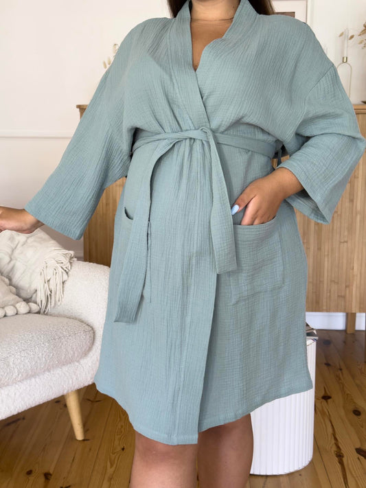 Жіночий халат для вагітних з мусліну, кімоно оливковий