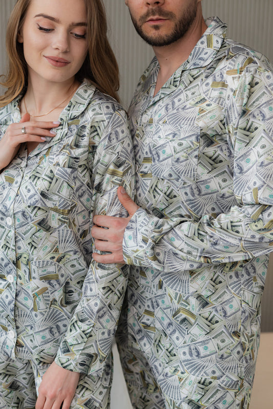 Жіноча піжама Армані шовк. Літній домашній костюм. Сорочка та штани . Принт гроші долари
