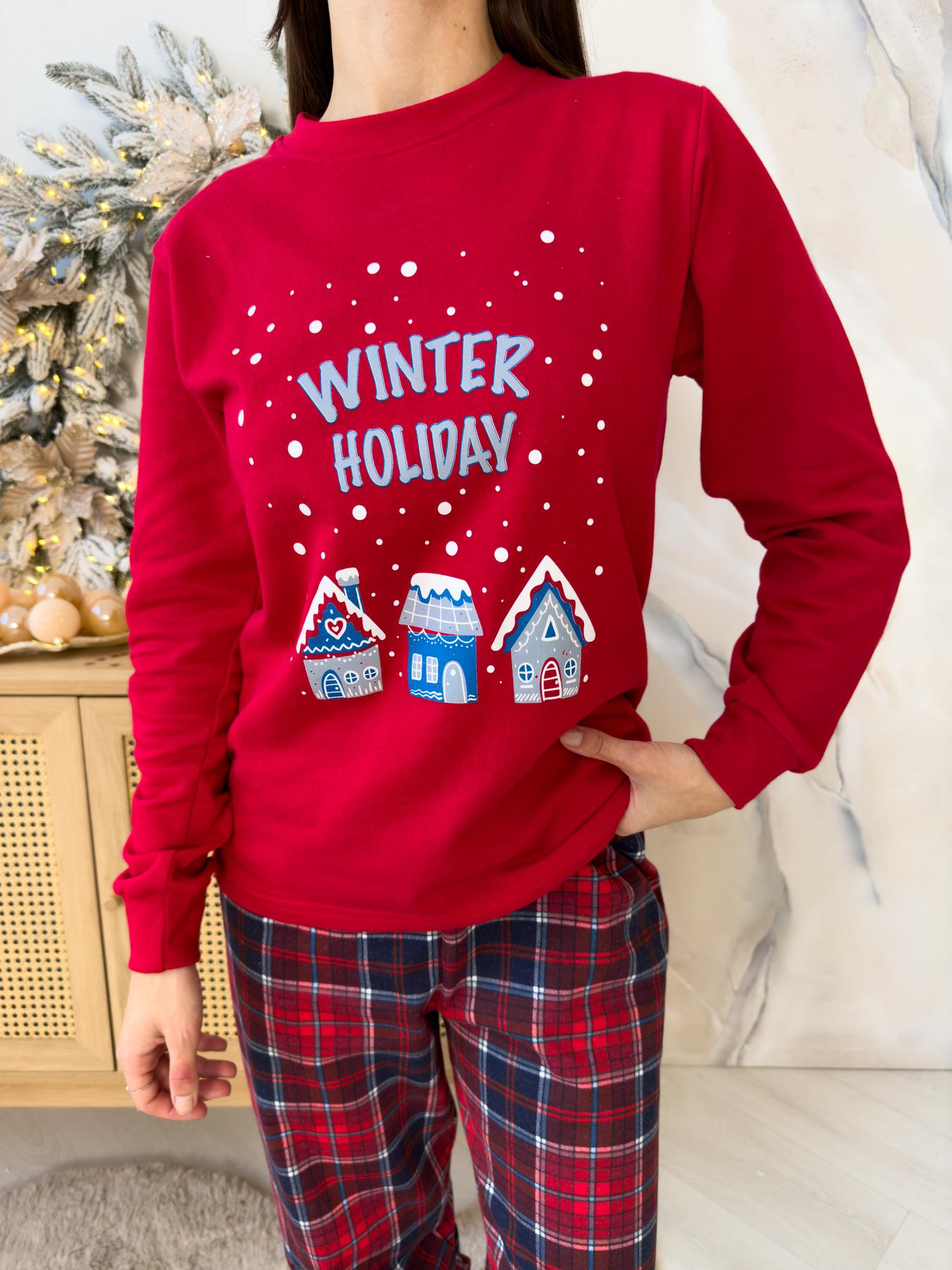 Жіноча тепла піжама Winter Holiday з начосом, комплект лонгслів і штани червоно-синя клітинка