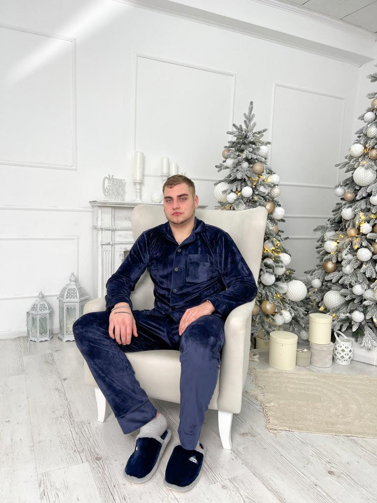 Тепла Чоловіча піжама, велюр плюш. Домашній костюм. Колір Синій