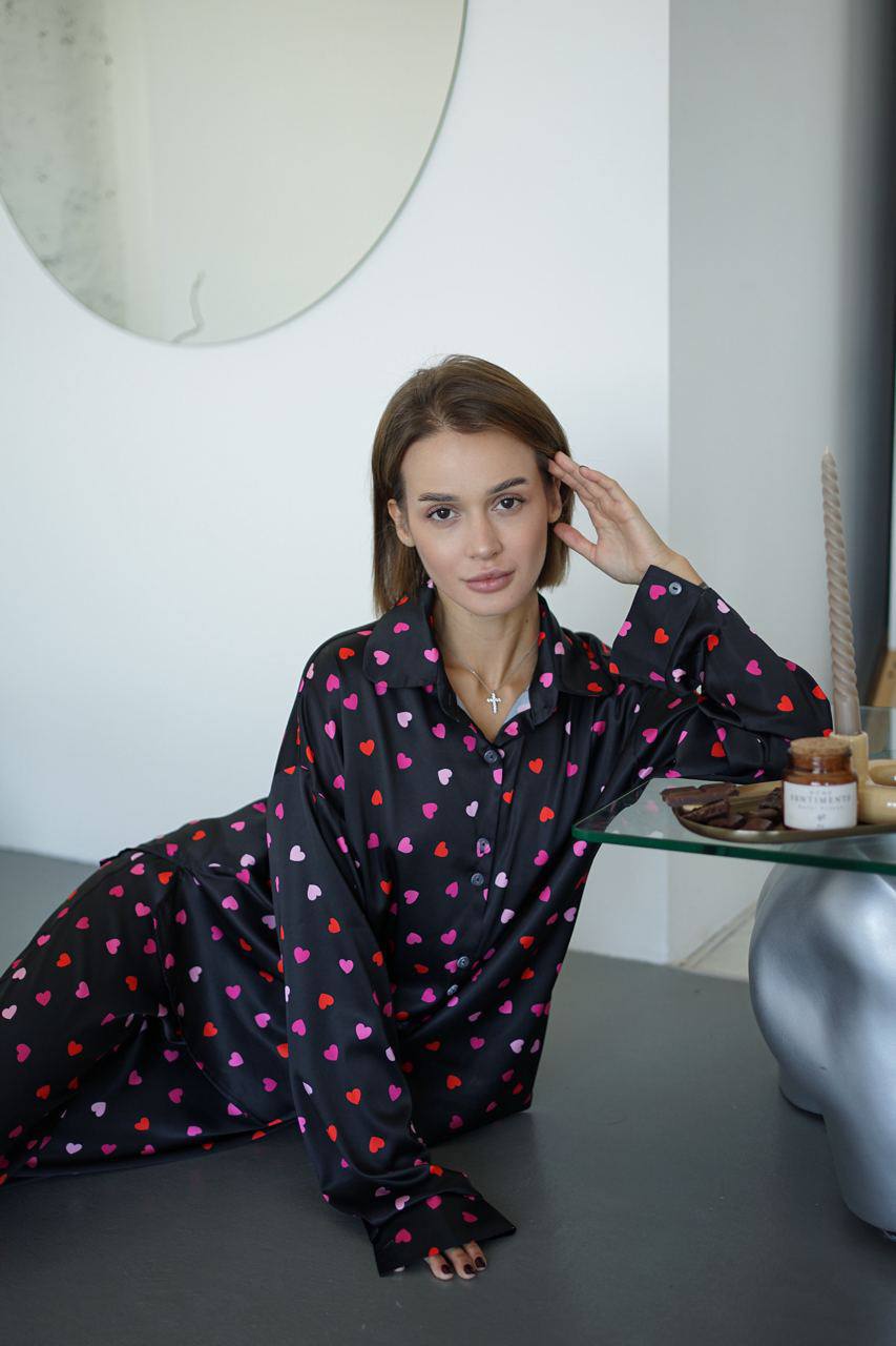 Жіноча сатинова піжама з натуральної тканини бавовни, піжама в сердечка