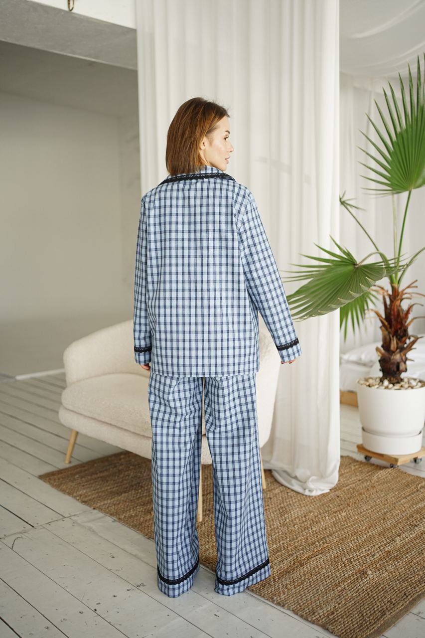 Байкова жіноча піжама з мереживом, блакитний