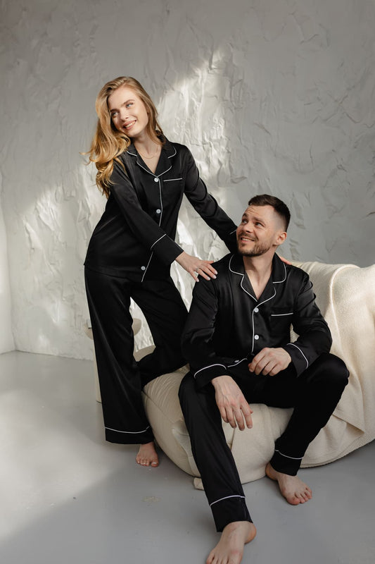 Парні піжами з Армані шовку колір чорний - комплект жіночої та чоловічої піжами