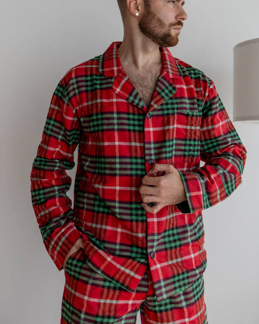 Тепла чоловіча піжама в клітинку, байка фланель, червоний з зеленим, сорочка і штани