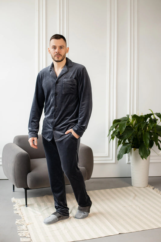 Тепла Чоловіча піжама, велюр плюш. Домашній костюм. Колір Графіт