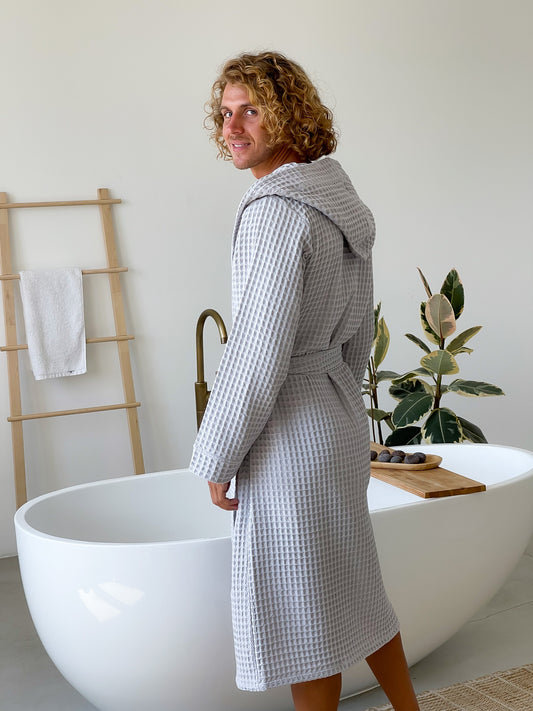 Чоловічий вафельний халат з капюшоном Грецька вафелька, світло-сірий