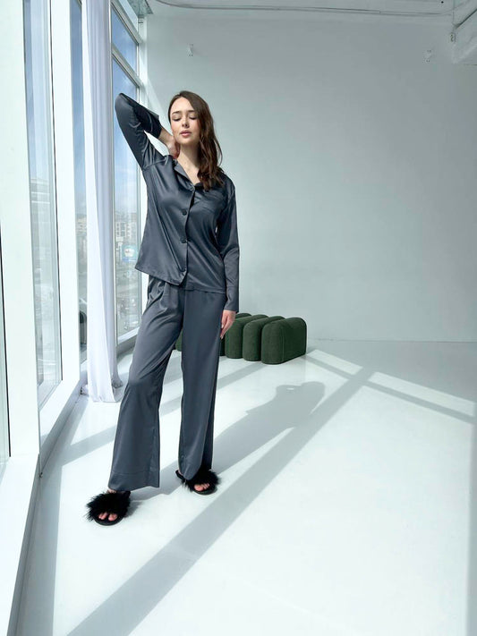 Жіноча піжама Армані шовк. Сорочка та штани. Колір графіт.