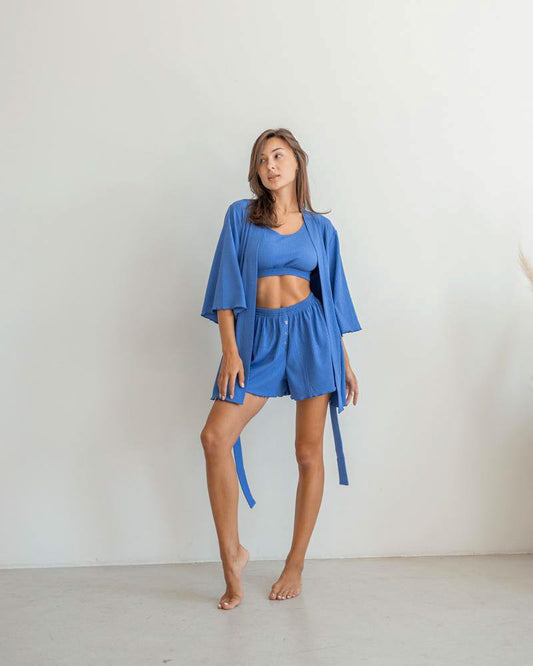 Жіноча піжама рубчик. Комплект 3 в 1 Халат Шорти, Топ. колір Джинсовий. QC