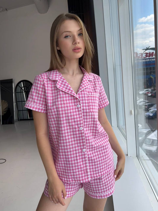 Жіноча піжама з тканини штапель. Комплект сорочка з шортам Рожевий в клітинку - Original Textile