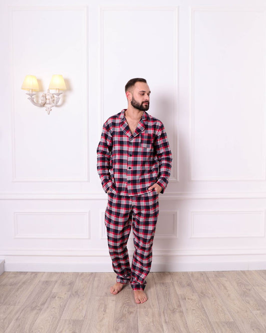 Тепла чоловіча піжама в клітинку, байка фланель, колір червоний з синім, сорочка і штани