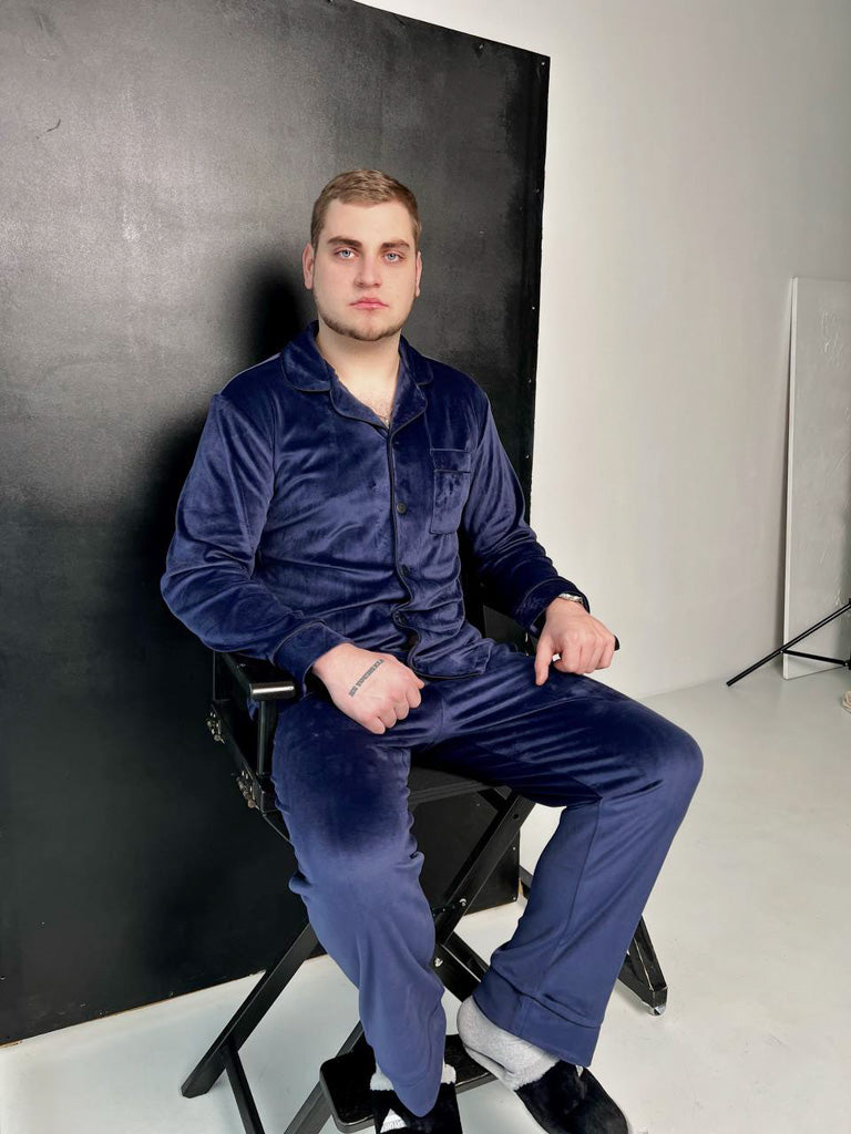 Тепла Чоловіча піжама, велюр плюш. Домашній костюм. Колір Синій