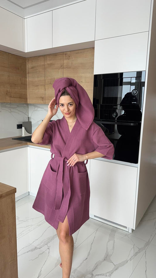 Жіночий подарунковий набір Мозаїка: халат і банний рушник з вафельної бавовни, рожевий терракот