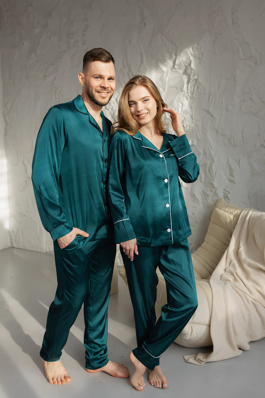 Жіноча піжама Армані шовк. Літній домашній костюм. Сорочка та штани . Колір Смарагд