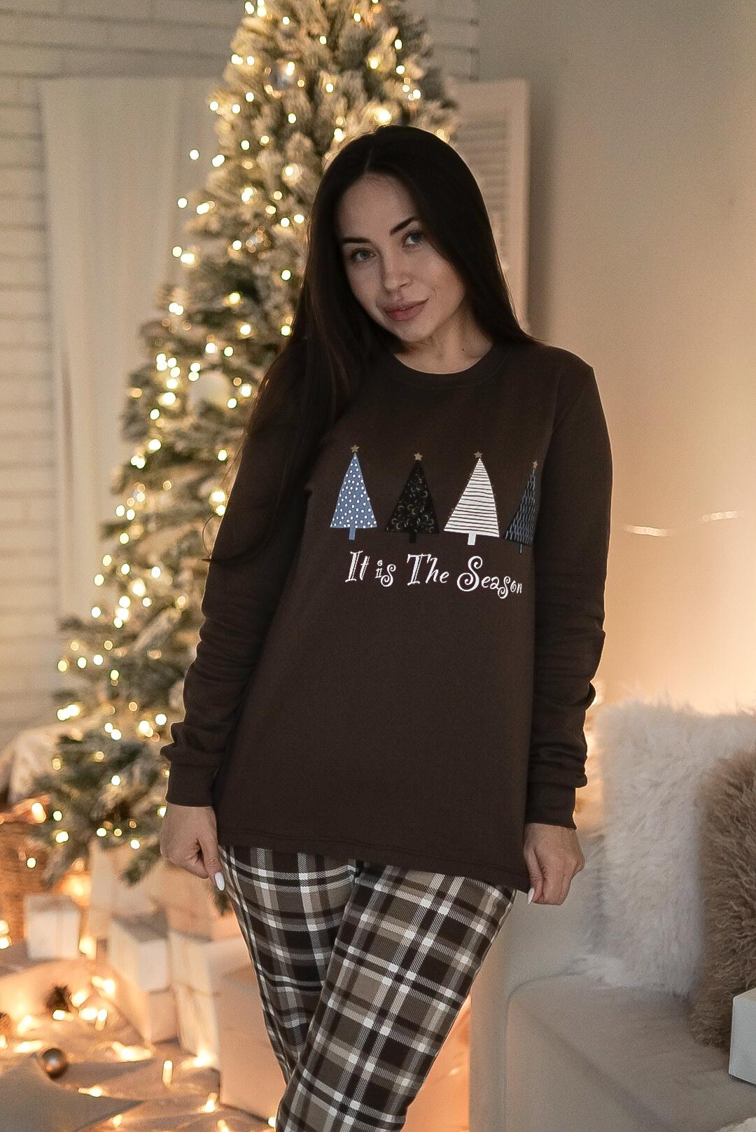 Жіноча тепла піжама “Святковий Затишок”, комплект свитшот і штани шоколадний колір з клітинкою