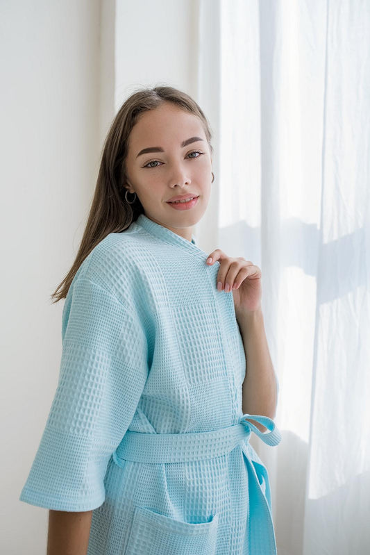 Жіночий подарунковий набір Мозаїка ментол: халат і рушник з вафельної бавовни