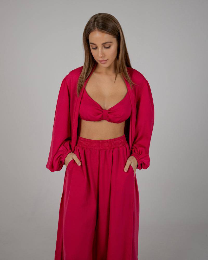 Піжама жіноча 3 в 1 з Бра, Халат, Штани шовк-віскоза у стилі Вікторія Сікрет. Колір Малиновий. QC