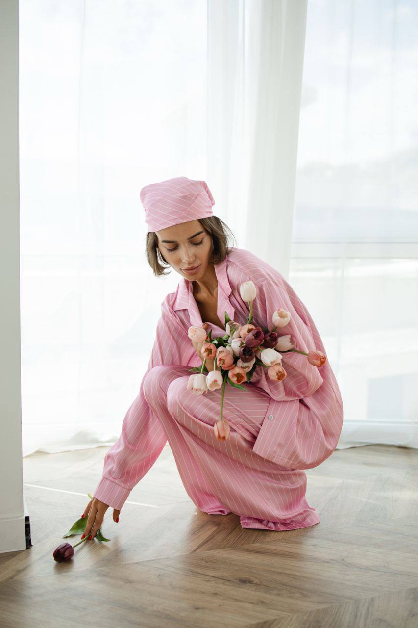 Жіноча Піжама Kleo в смужку шовк Армані Рожевий