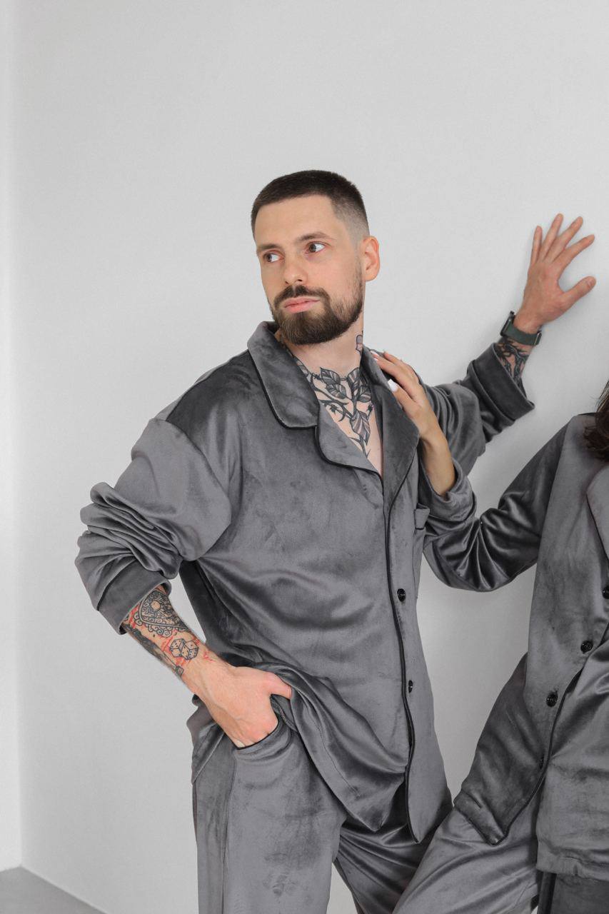 Тепла Чоловіча піжама, велюр плюш. Домашній костюм. Колір Сірий