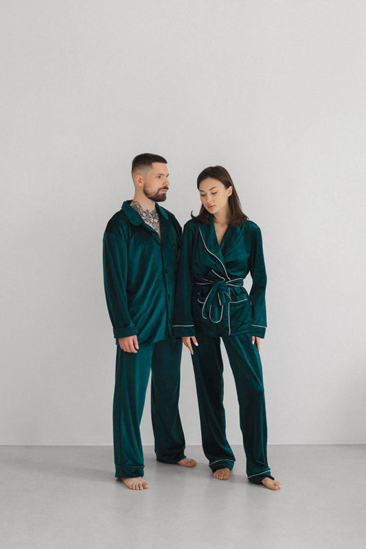 Парні піжами велюр плюш смарагдовий на запах. Теплі стильні піжами