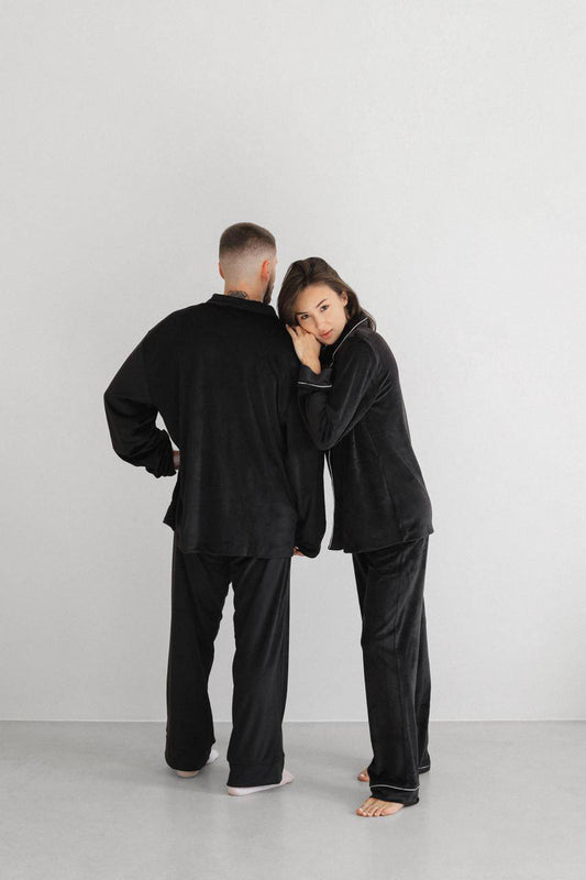 Парні піжами велюр плюш чорний на запах. Теплі стильні піжами