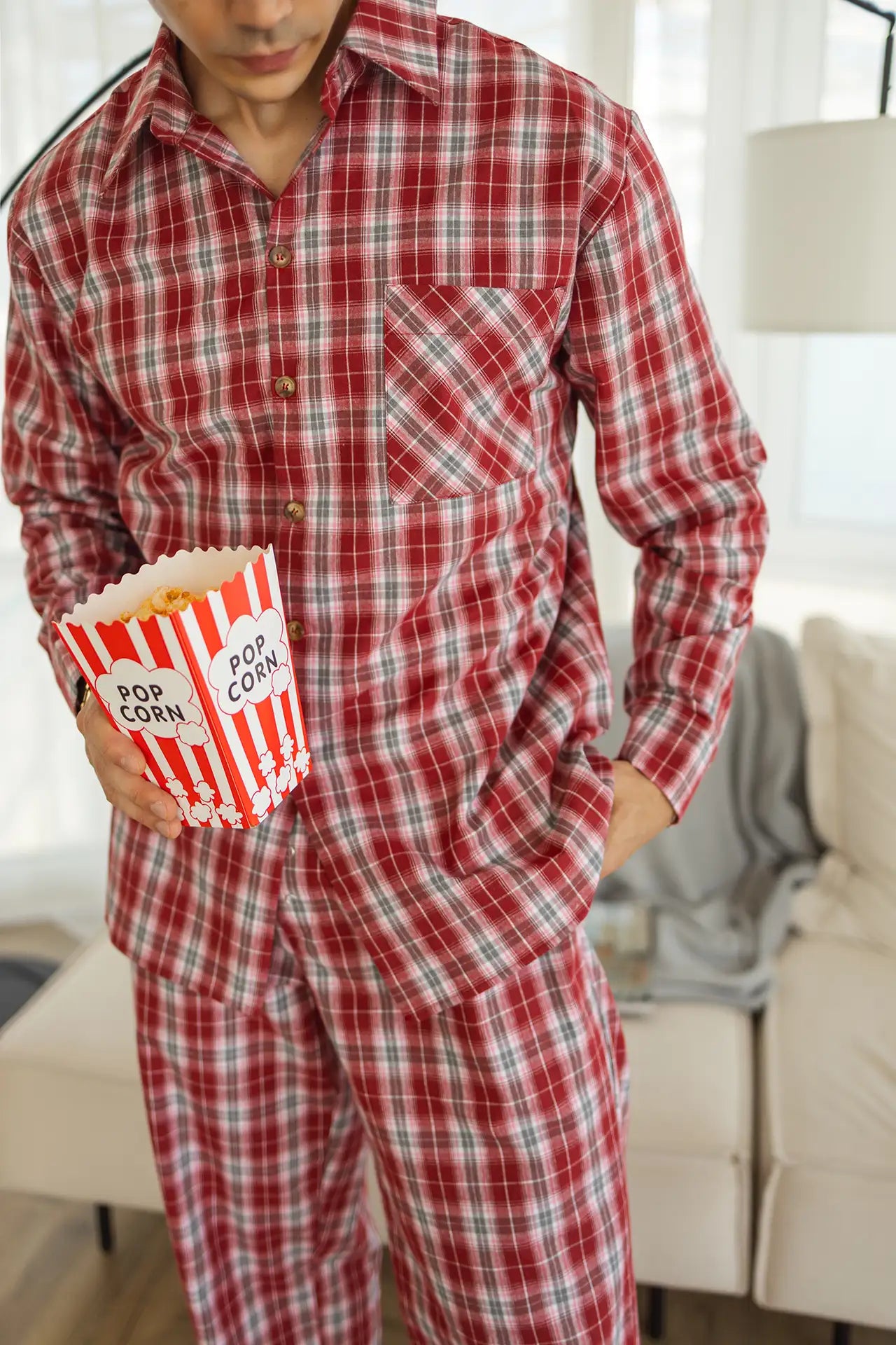Комфортна чоловіча піжама в клітинку, байка, червоний , комплект сорочка + штани
