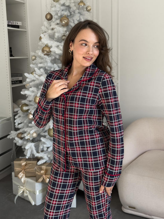 Жіноча тепла піжама "Oxford", червоно-синя клітинка