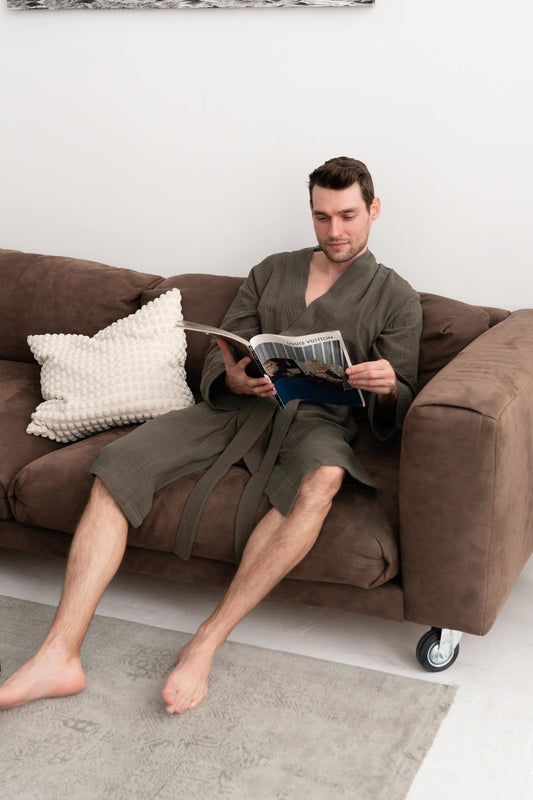 Чоловічий халат з фактурного мусліну Duna колір хакі