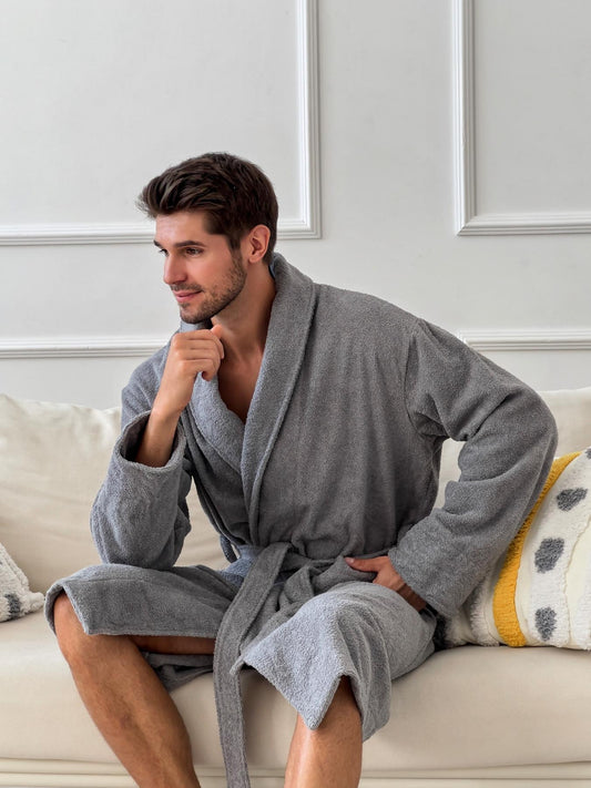Чоловічий махровий халат Fortune з шалевим коміром, сірий