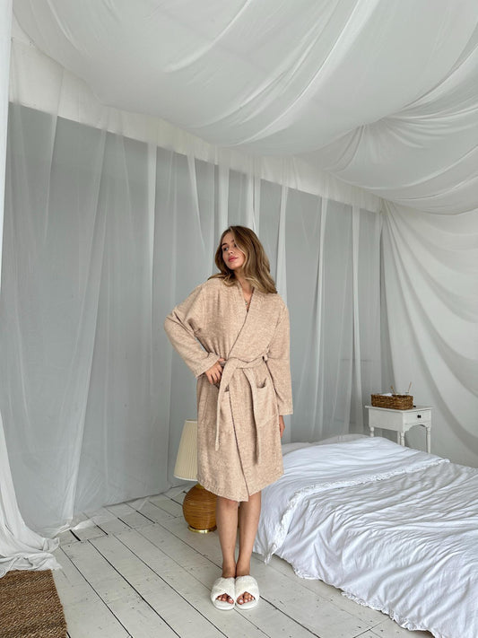 Жіночий махровий халат Шарм з довгим рукавом, беж