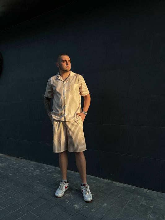 Чоловіча піжама, літній костюм з льону. Сорочка та шорти в смужку колір бежевий
